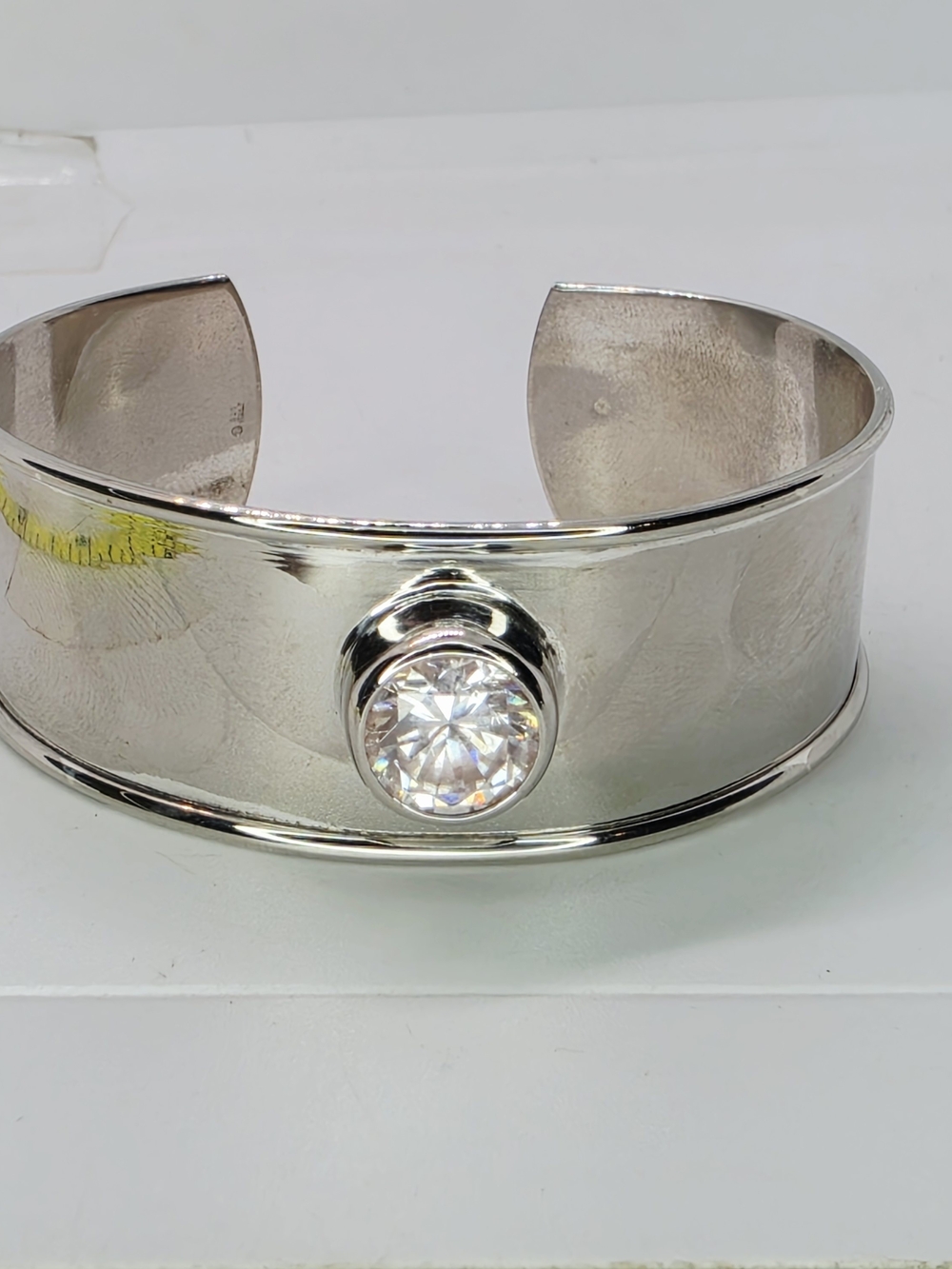 Vtg 925 Italy Wide Sterling Silver Cuff Bracelet Bezel Set Round CZ Modernist